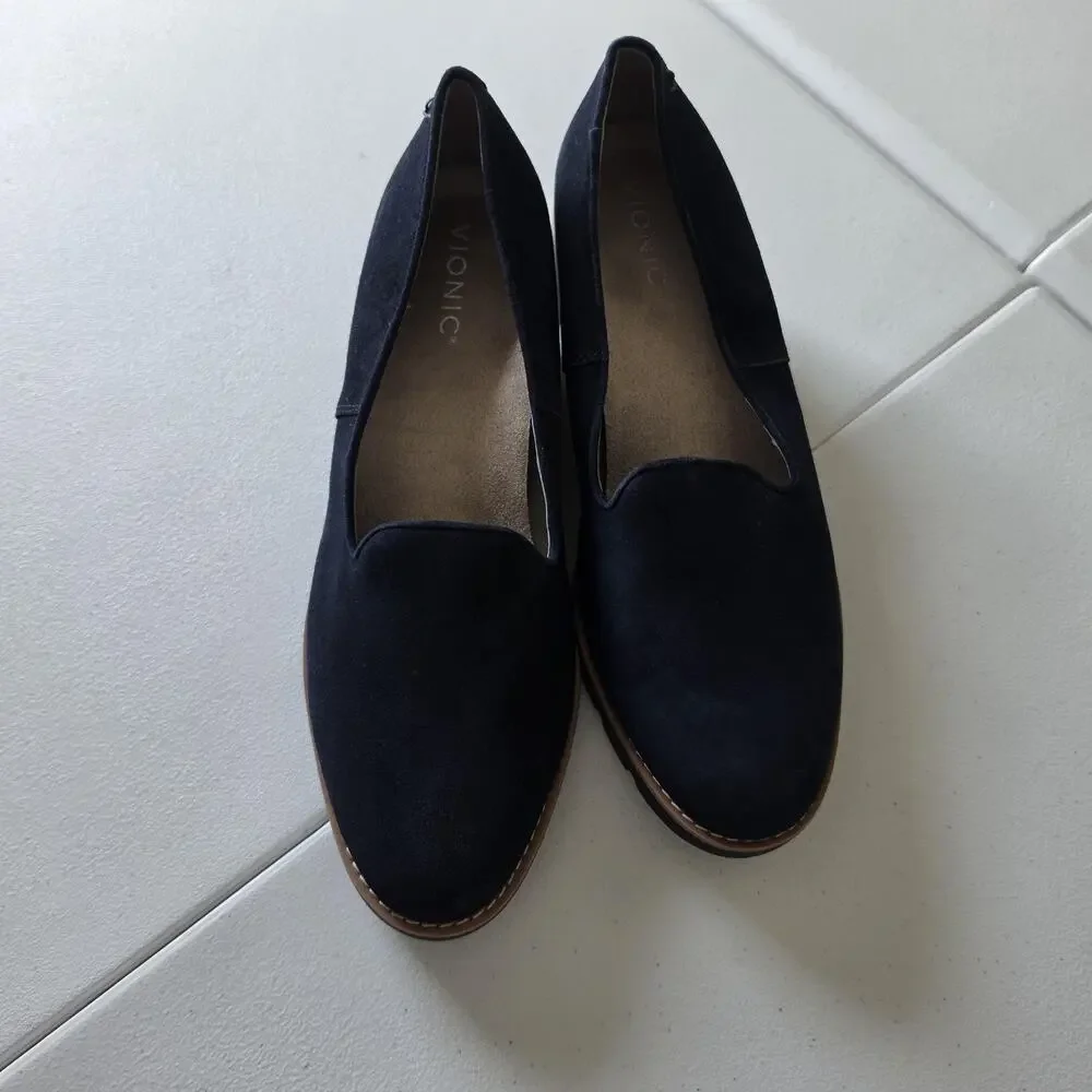 Vionic Willa Wedge Shoes Womens Size 10 Blue Suede Slip On Lug Sole Comfort
